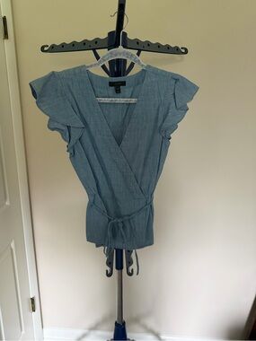 J. Crew Chambray Wrap Top with Ruffle Cap Sleeves